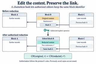 Before-and-after diagram of a redactable blockchain. Blocks A, B and C are connected by backward hash references. An authorized trapdoor operation replaces B&rsquo;s content and randomness while preserving its hash identifier, so C&rsquo;s reference and the surrounding blocks remain unchanged. Previously saved copies are not erased.